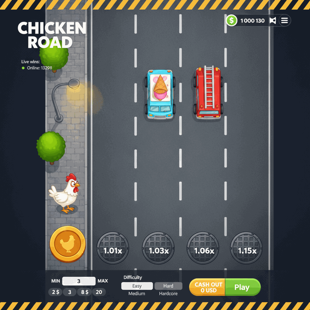 Capture d'écran du jeu Chicken Road par InOut montrant une poule blanche sur un trottoir urbain sur le point de traverser une route à plusieurs voies avec des plaques d'égout affichant les multiplicateurs de gains croissants, des voitures circulant sur les voies, et un indicateur de gains en direct dans le coin supérieur